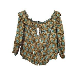 J.CREW Cotton Ratti Elephant Off-the-Shoulder Button-Up Top Size 14 NWT